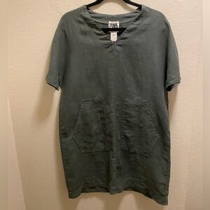 Prairie Underground Green Lagenlook Short Sleeve 100% Linen Mini Dress Size S